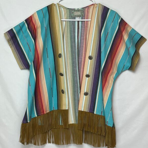 Silverado Women's Large Blue Fiesta Stripe Cowboy Short Sleeve Fringe Vest - Picture 1 of 9